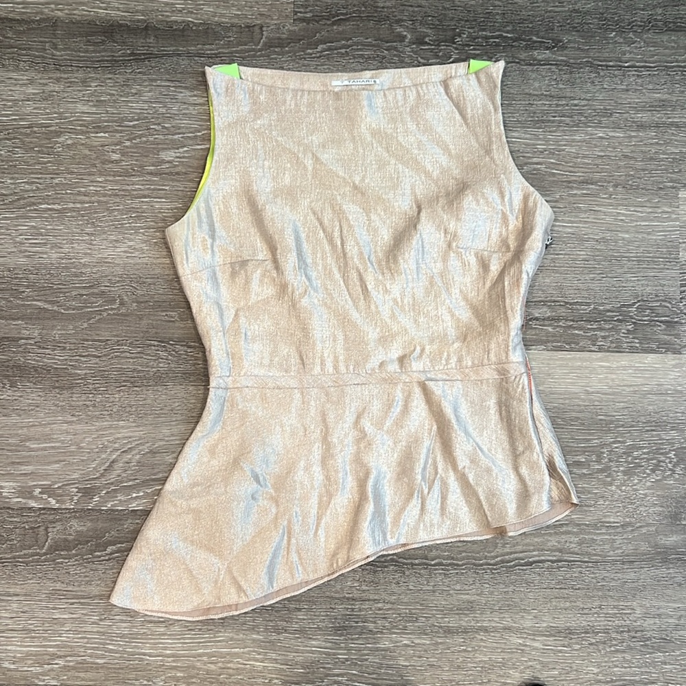T. Tahari Small Sleeveless Gold Peplum Asymmetric Top Blouse